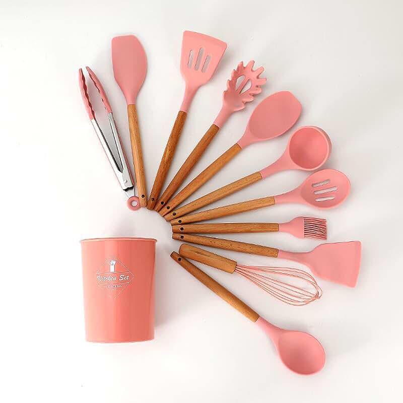 Pink 12-Piece Silicone Kitchen Utensil Set with Wooden Handles