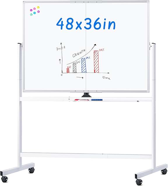 Large Double-Sided Magnetic Whiteboard on Wheels