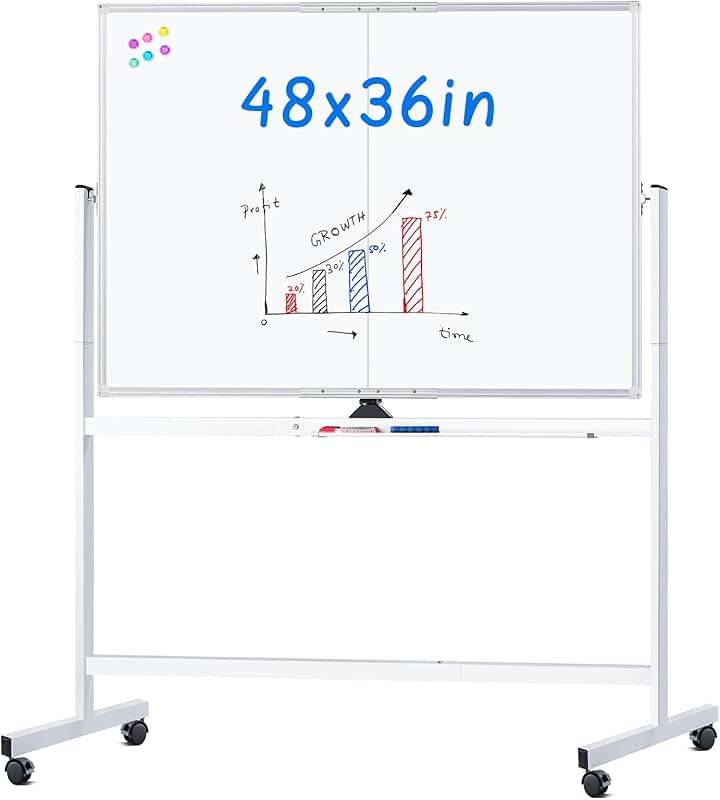 Large Double-Sided Magnetic Whiteboard on Wheels