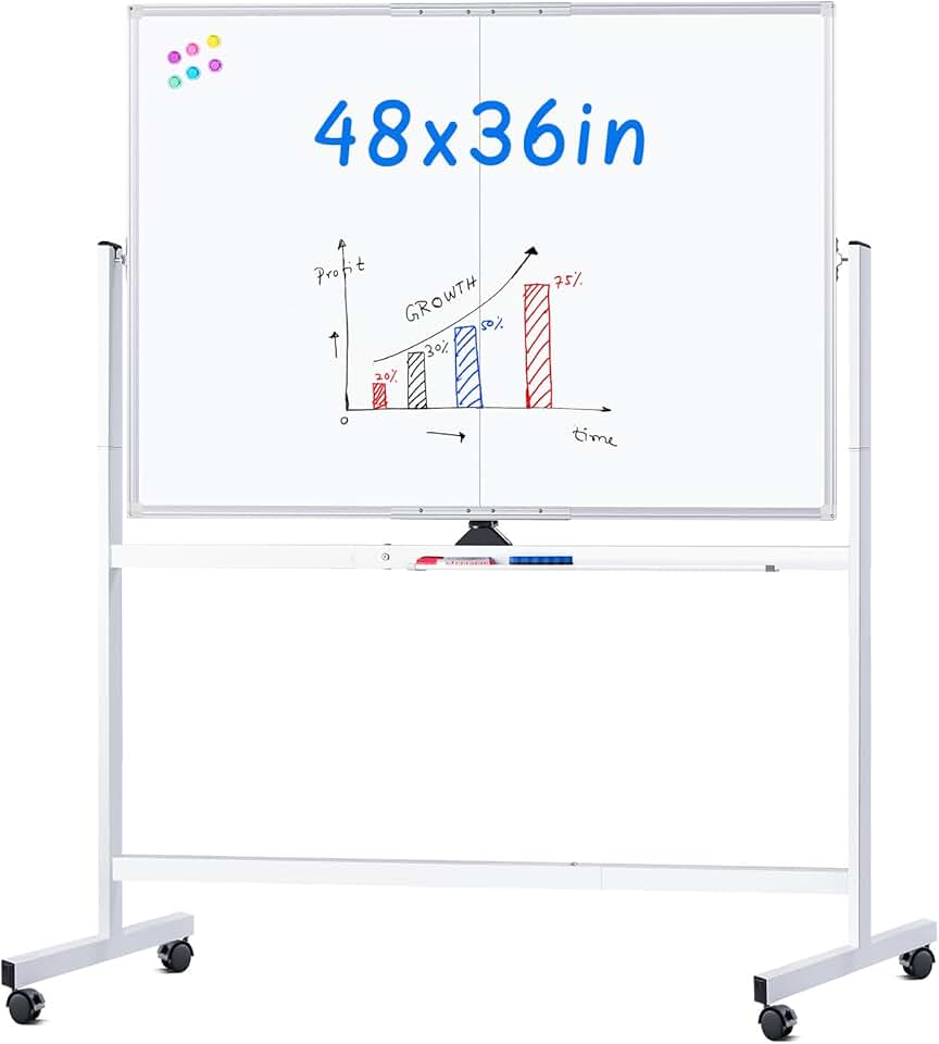 Large Double-Sided Magnetic Whiteboard on Wheels