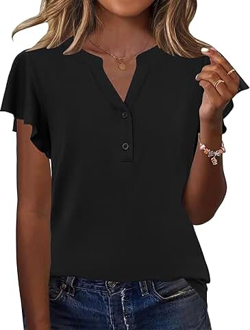 Women's Ruffle V-Neck Short Sleeve Button-Down Blouse