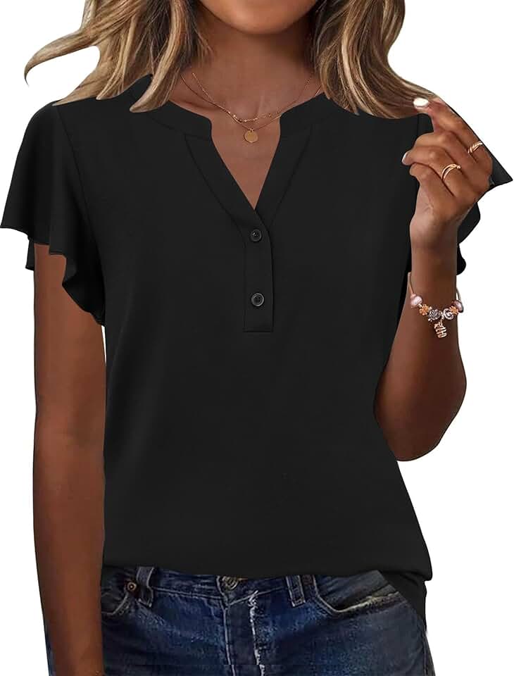Women's Ruffle V-Neck Short Sleeve Button-Down Blouse