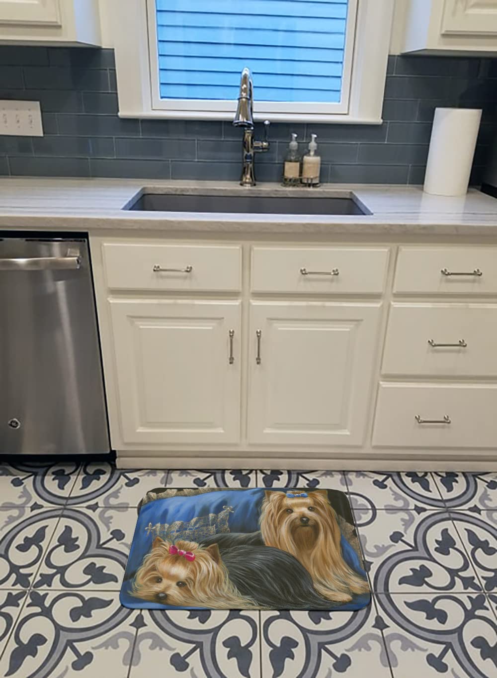 PPP3293RUG Yorkshire Terrier Yorkie and Lace Bath Mat Machine Washable Anti-Fatigue Memory Foam Kitchen Rug, 19 X 27, Multicolor