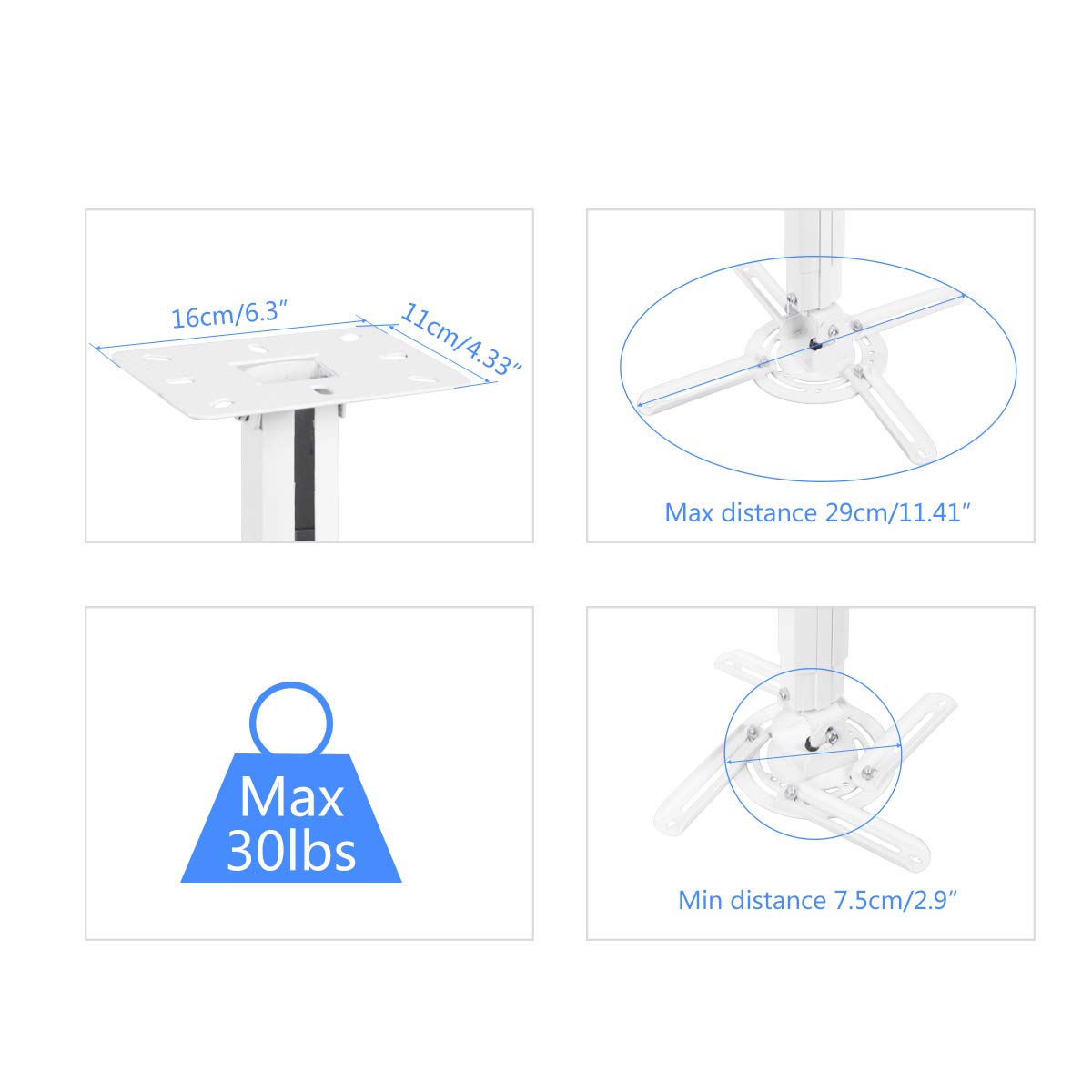 White Projector Ceiling Mount Bracket Fits Flat or Sloped Ceiling Height Adjustable with Extendable Length for LCD/DLP Projectors (PR05)