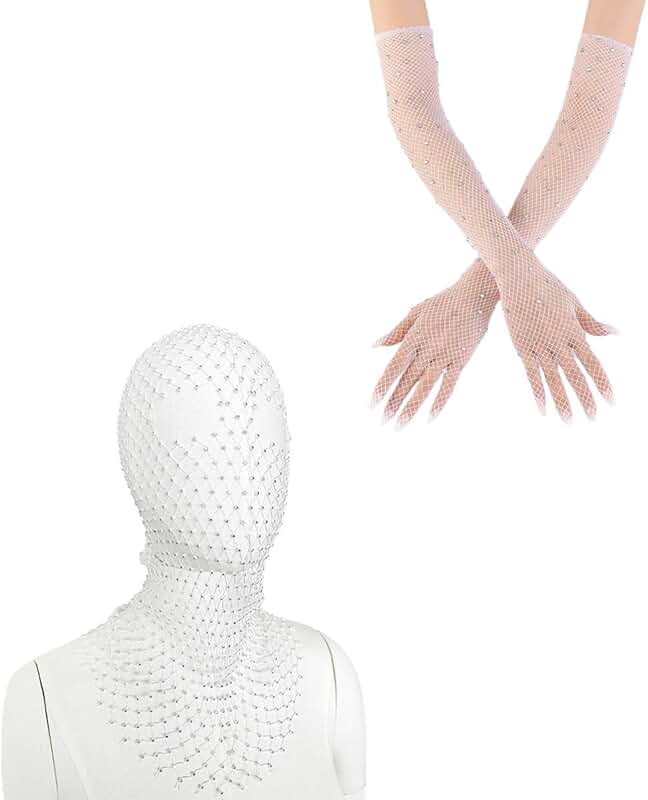 Two Fishnet Gloves and Body Chain with White Veil