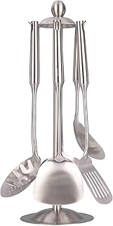 Set of 7 stainless steel kitchen utensils with holder