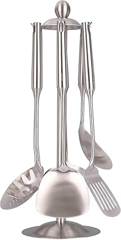 Set of 7 stainless steel kitchen utensils with holder