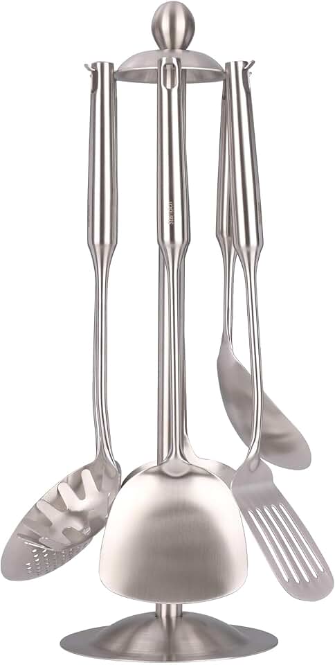 Set of 7 stainless steel kitchen utensils with holder