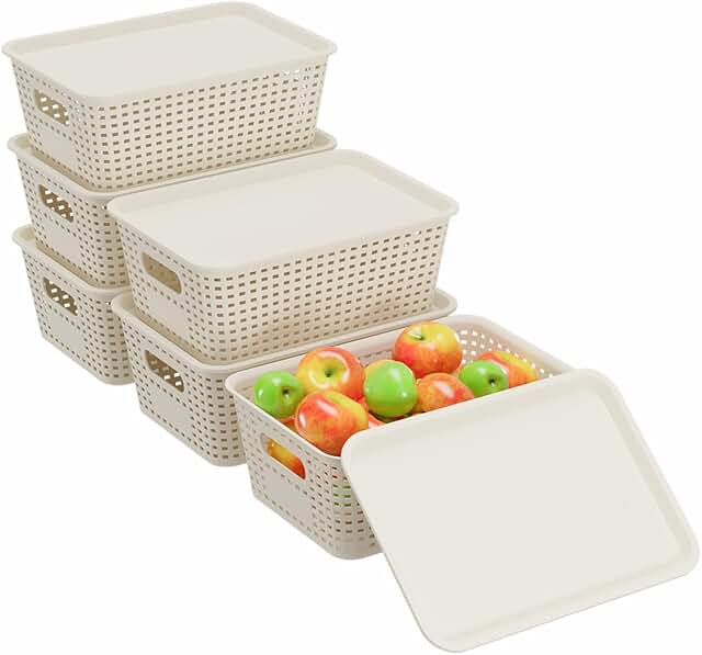 Six stackable plastic storage bins with lids