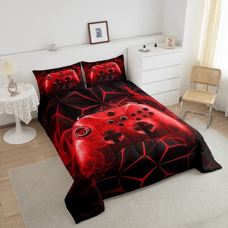 Gaming Comforter Set Kids Gamer Video Games Comforter for Boys Teens Modern Game Controller Bedding Set Breathable Red Gamer Console Duvet Set Room Decor Twin Size
