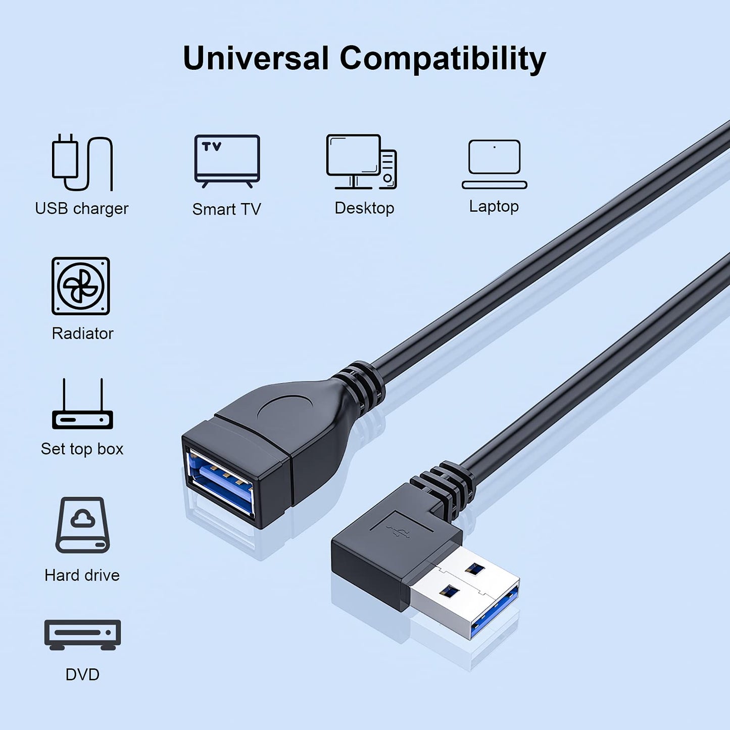 SuperSpeed USB 3.0 Male to Female Extension Data Cable Left and Right Angle 2PCS by (20CM,8IN)