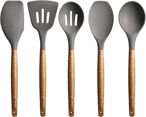 5-Piece Silicone Kitchen Utensil Set with Wooden Handles