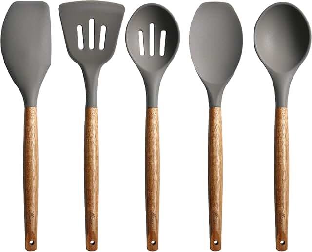 5-Piece Silicone Kitchen Utensil Set with Wooden Handles