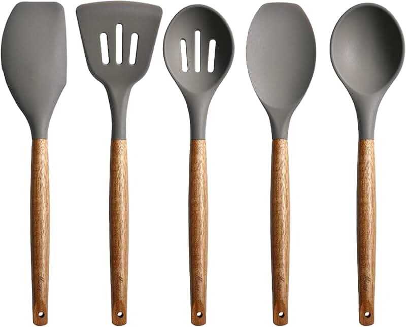 5-Piece Silicone Kitchen Utensil Set with Wooden Handles