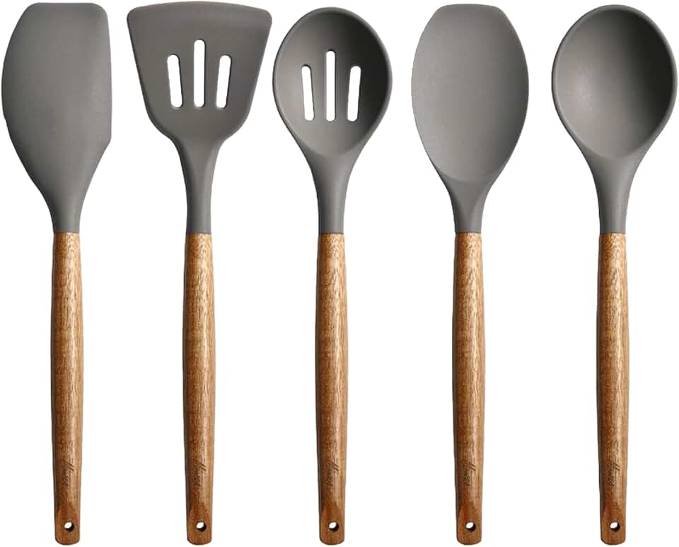 5-Piece Silicone Kitchen Utensil Set with Wooden Handles
