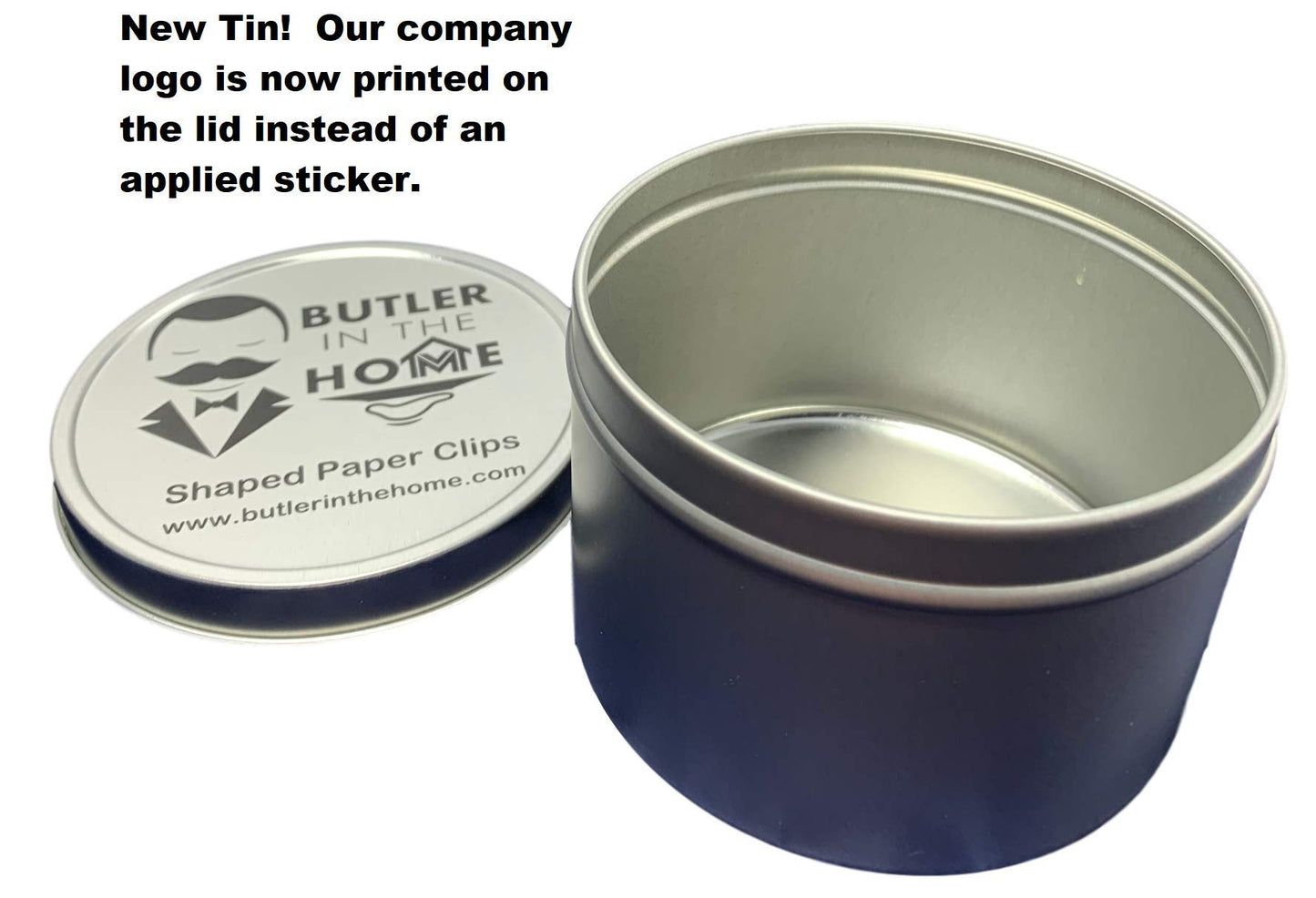 Gun-shaped paper clips in round tin, 100 count