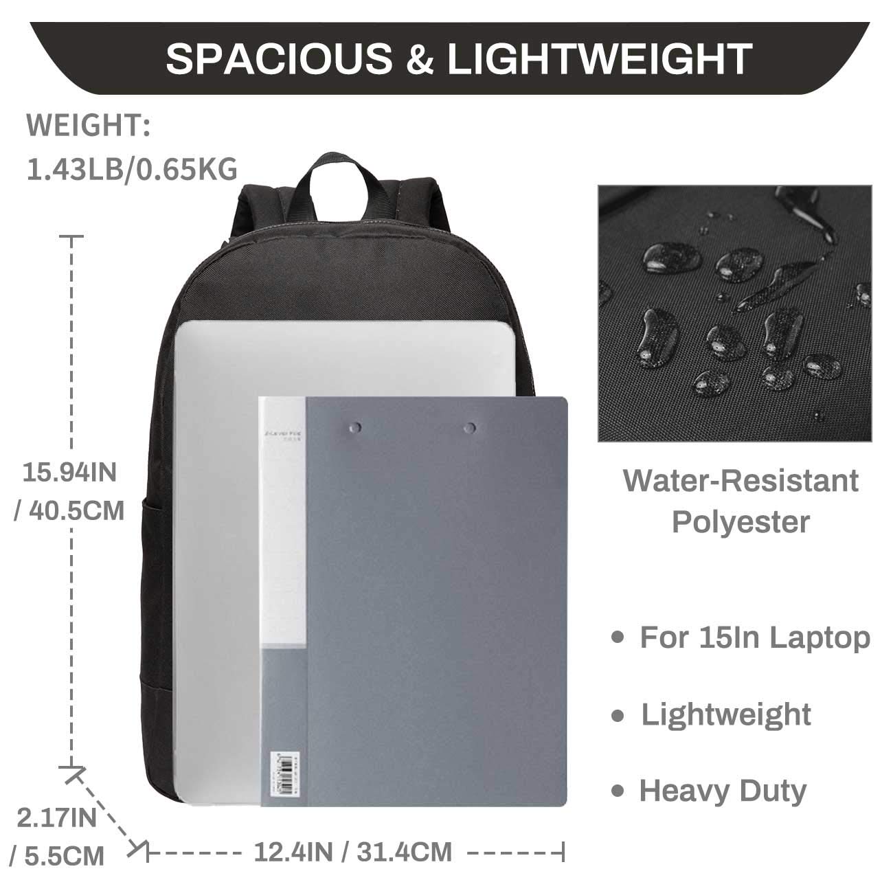 School backpack, Lightweight Casual Classic Water-resistant School Rucksack Travel Backpack 15 inch Laptop Black