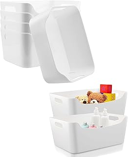 8 White Plastic Storage Bins for Shelves and Organization
