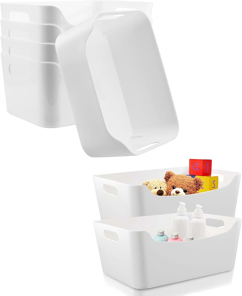 8 White Plastic Storage Bins for Shelves and Organization