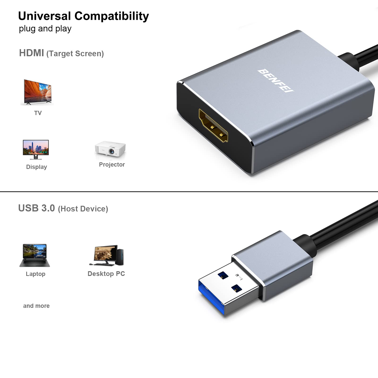 USB 3.0 to HDMI Adapter, USB 3.0 to HDMI Male to Female Adapter
