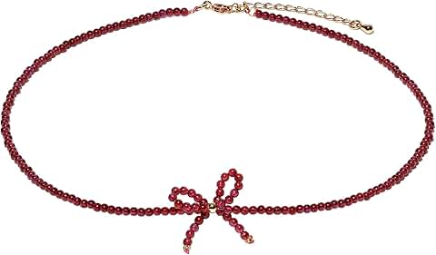 Dainty 2.5mm Garnet Beaded Bowknot Necklace for Women