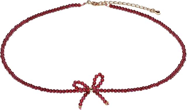 Dainty 2.5mm Garnet Beaded Bowknot Necklace for Women