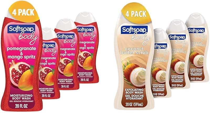 Pomegranate and Mango Body Wash, Coconut Scrub, 4 Pack