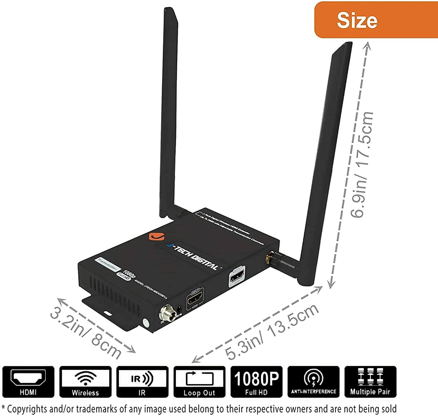 1X2 Wireless HDMI Extender 200 Dual Antenna Supporting Full HD 1080p with HDMI Loop Output Operation Channel Change IR Passthrough (Receiver + Transmitter 1080P 200ft)