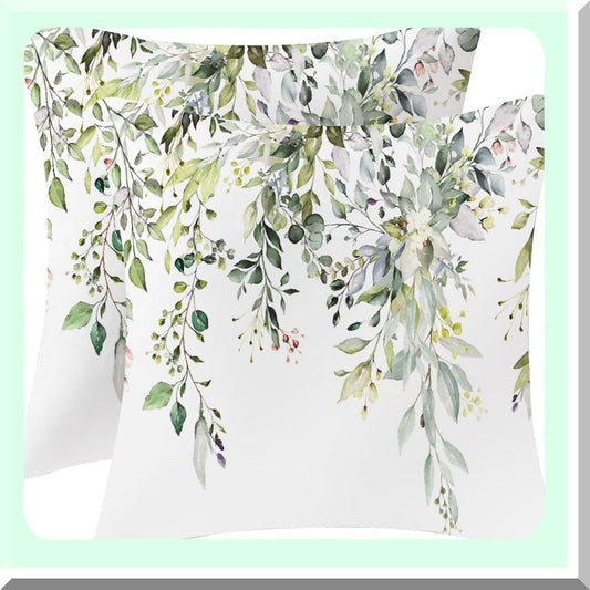 Wildflower Velvet Spring Pillow Covers - Set of 2 Vintage Floral Decorative Cushions for Couch & Sofa, 18 x 18 Inch Sage Green Throw Pillows with Leaves Design - Farmhouse Outdoor Plant Decor