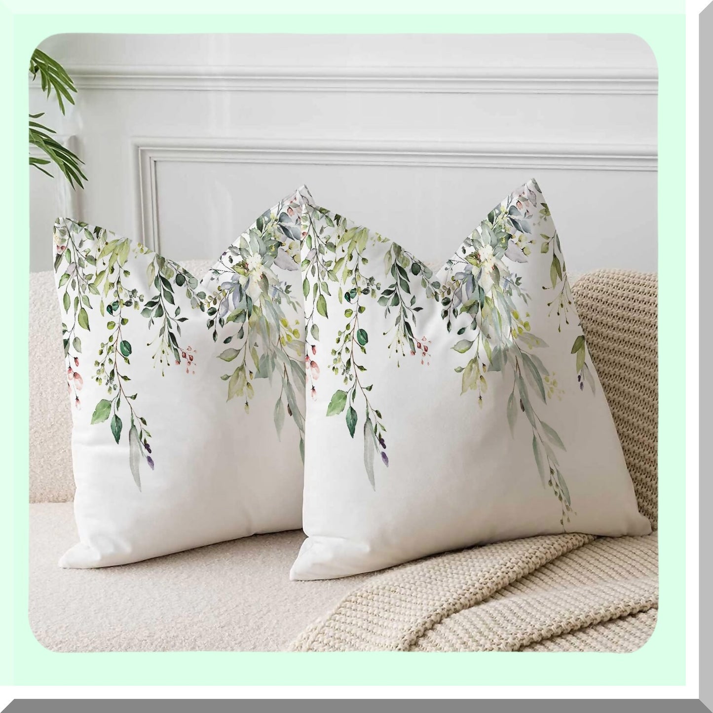 Wildflower Velvet Spring Pillow Covers - Set of 2 Vintage Floral Decorative Cushions for Couch & Sofa, 18 x 18 Inch Sage Green Throw Pillows with Leaves Design - Farmhouse Outdoor Plant Decor
