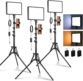 3 Pack LED Video Panel Light Kit with Tripod and Phone Holder