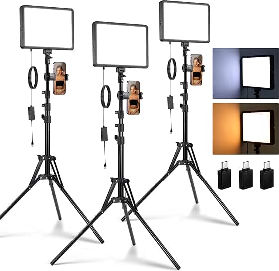 3 Pack LED Video Panel Light Kit with Tripod and Phone Holder