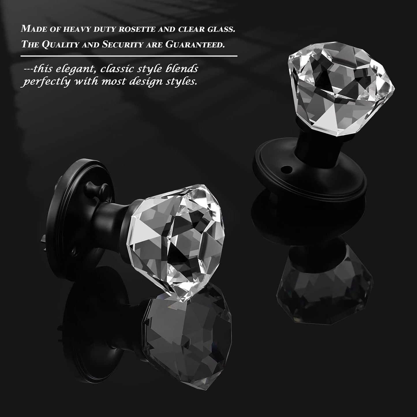 2 Pack Crystal Privacy Door Knobs for Bed/Bath Room, Keyless In or Door Handles with Lock, Faceted Diamond Shape Gl with Zinc Alloy Black Rosette