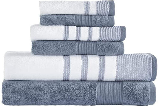 6 Piece Set, 2 Bath Towels, 2 Hand Towels, 2 Washcloths, Quick Dry White/Contrast Reinhart Denim