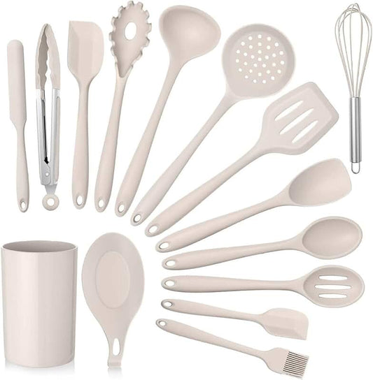 12-Piece White Silicone Cooking Utensil Set with Wooden Handles