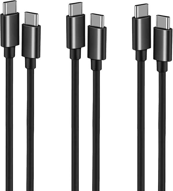 Three USB C to USB C charging cables in deep black