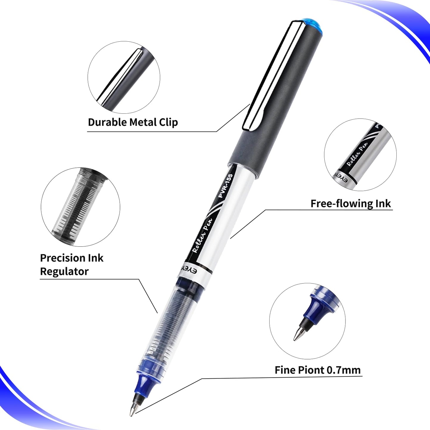 Blue 0.7mm Rollerball Pens, 12 Pack, Quick Dry, Smooth Writing