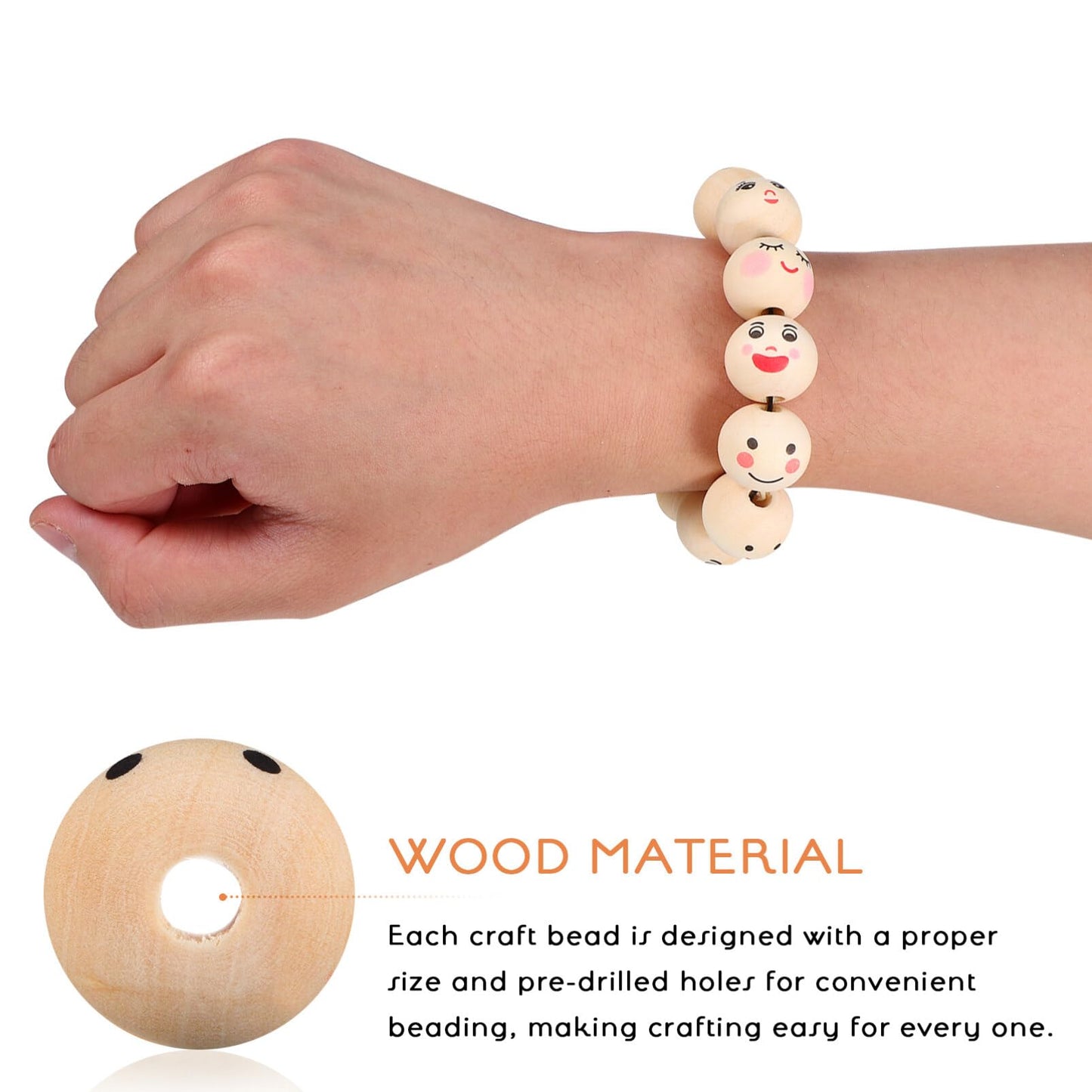 100pcs Wooden Smiling Face Beads for Jewelry and Crafts