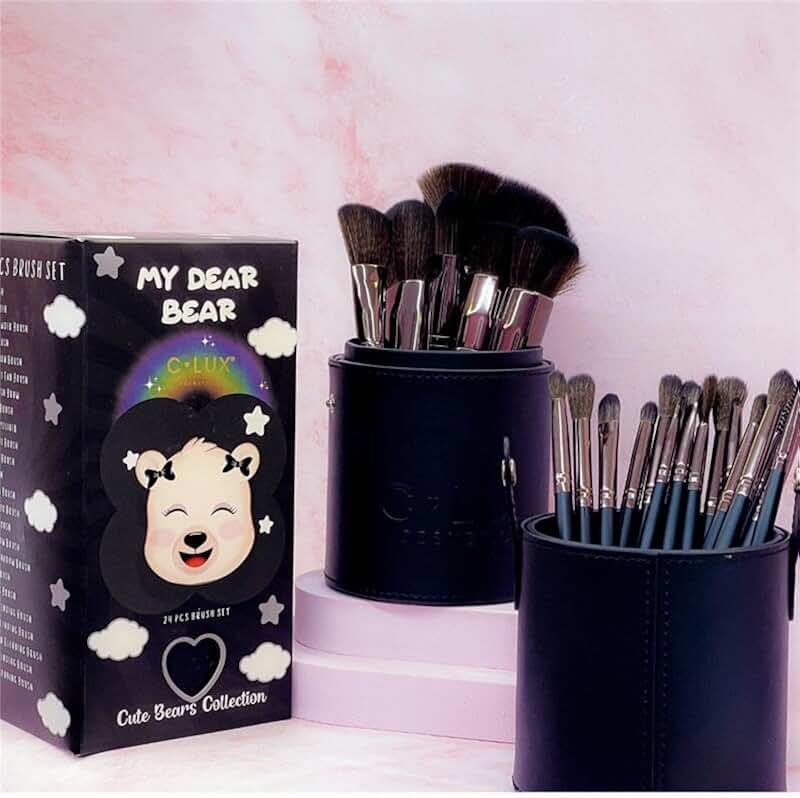 24-Piece Gray Makeup Brush Set with Travel Holder