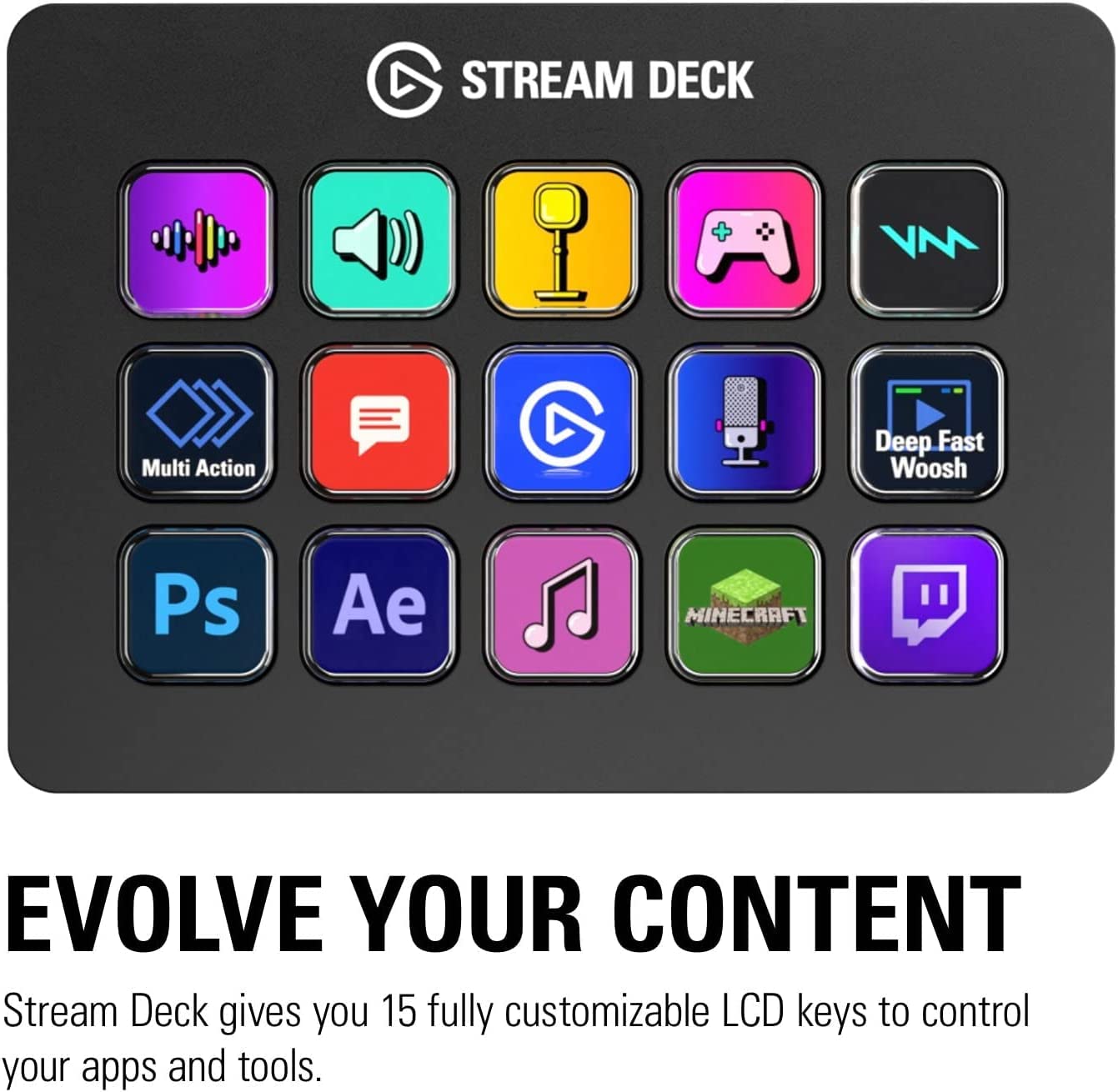 Stream Deck MK.2 - Studio Controller, 15 macro keys, trigger actions in apps and software like OBS, Twitch, YouTube and more, works with Mac and PC