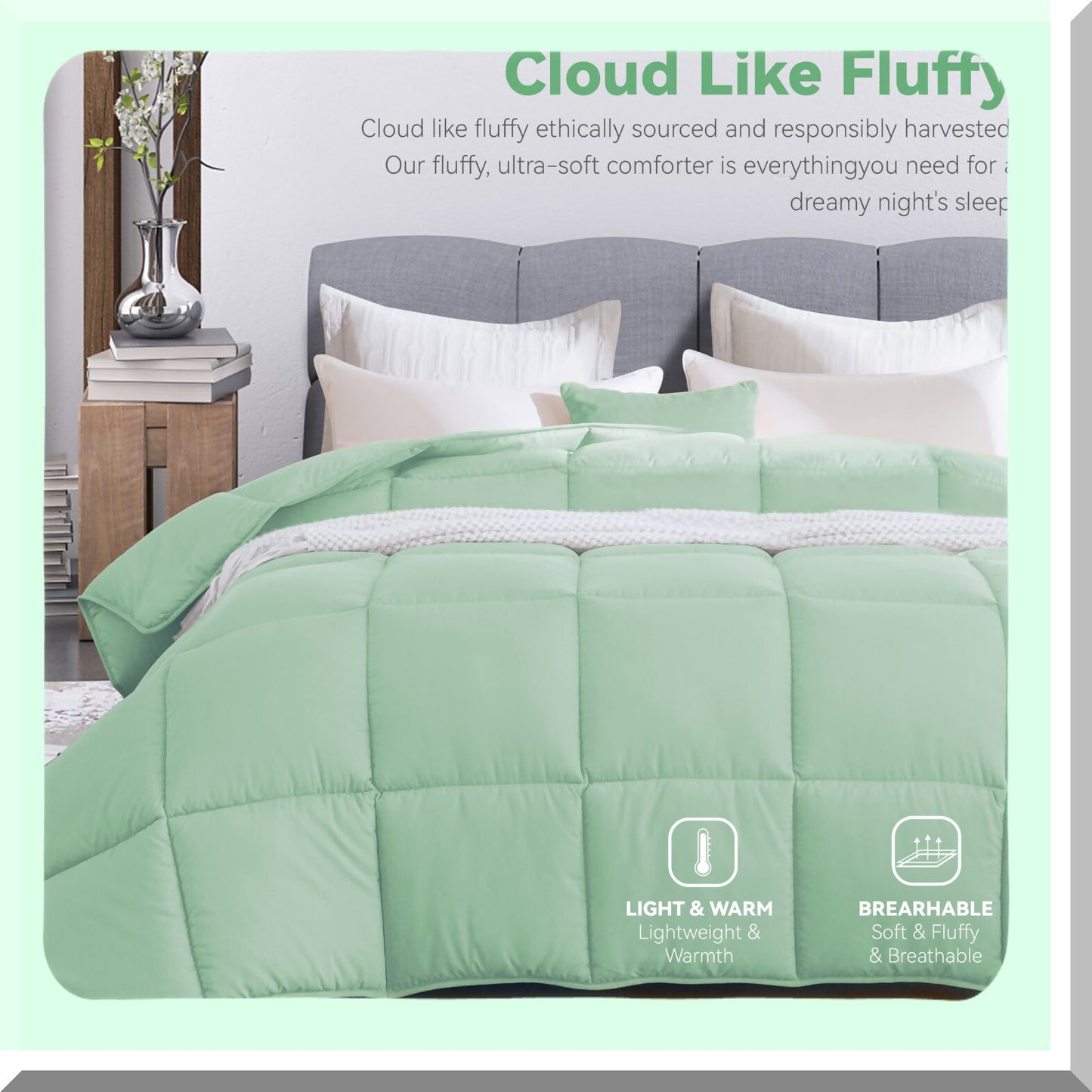 UltraSoft Green Microfiber Comforter - All Season Lightweight Quilt Duvet Insert with Polyester Fill for Bedding. Machine Washable, 90x90 Inches.