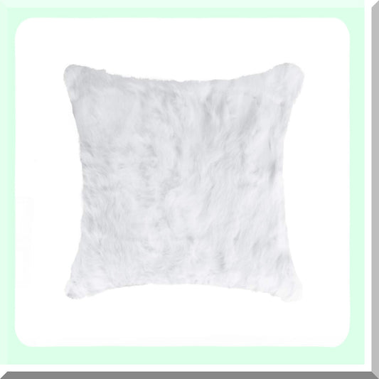 Fluffy Rabbit White Throw Pillow - Soft Poly Insert Decorative Cushion - Handcrafted 18x18 Inch Cozy Pillow Cover - Real Rabbit Fur Accent