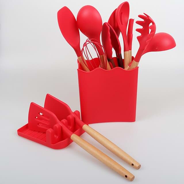 Silicone Cooking Utensil Set with Wooden Handles