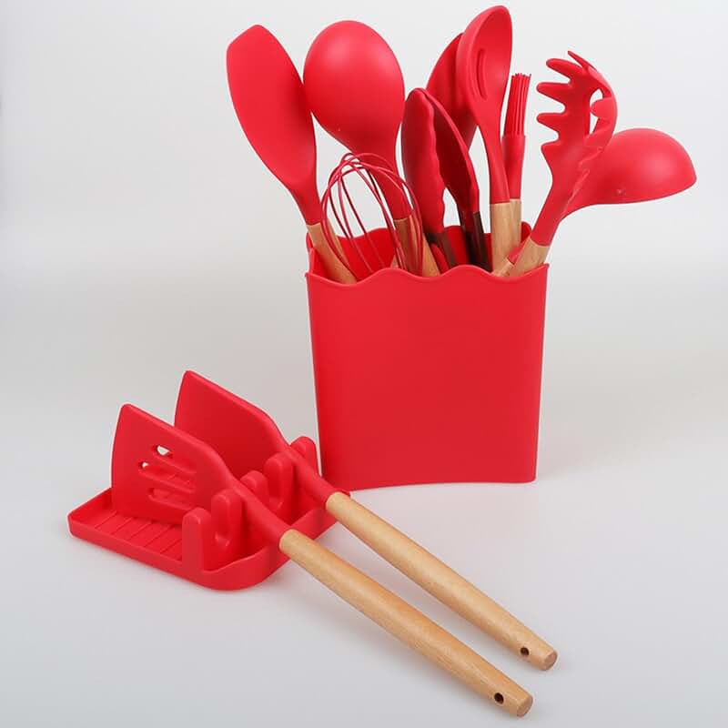 Silicone Cooking Utensil Set with Wooden Handles
