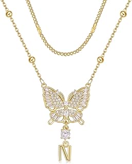 Dainty 14K Gold Plated Butterfly Necklace with Letter Charm