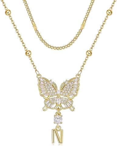 Dainty 14K Gold Plated Butterfly Necklace with Letter Charm