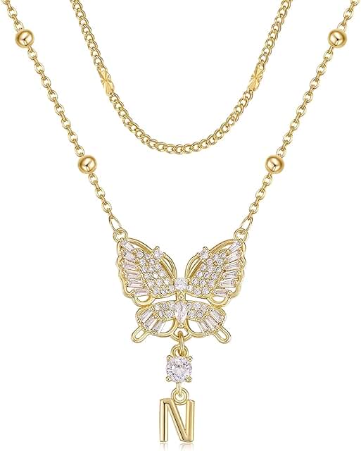 Dainty 14K Gold Plated Butterfly Necklace with Letter Charm