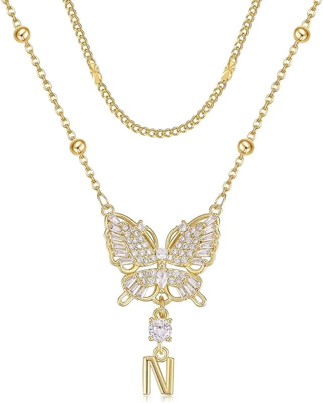 Dainty 14K Gold Plated Butterfly Necklace with Letter Charm