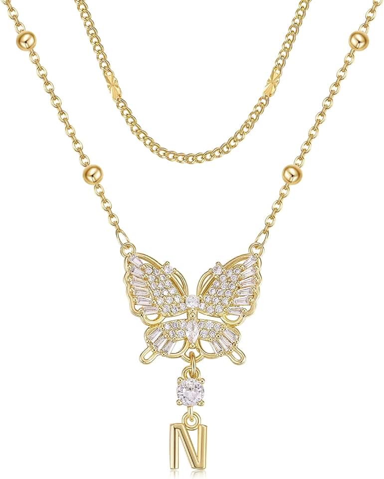Dainty 14K Gold Plated Butterfly Necklace with Letter Charm