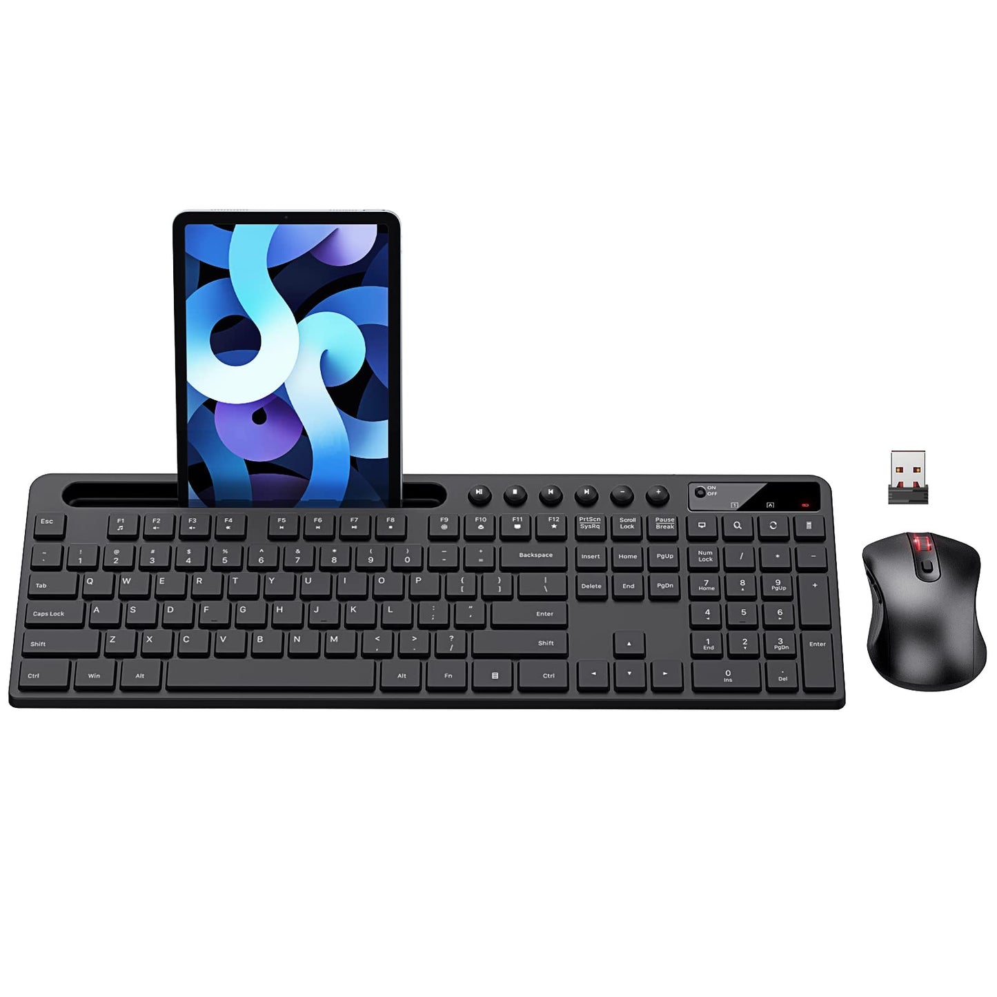 Wireless Keyboard and Mouse Combo, 2.4G Ergonomic Wireless Computer Keyboard with Phone Tablet Holder, Silent Mouse with 6 Button, Compatible with MacBook, Windows (Black)